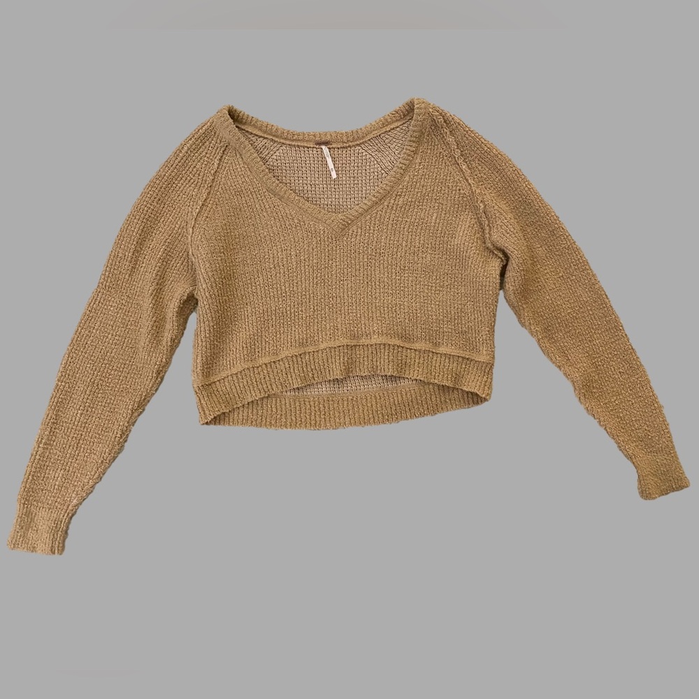 Free people V neck cropped knit beige tan sweater XS